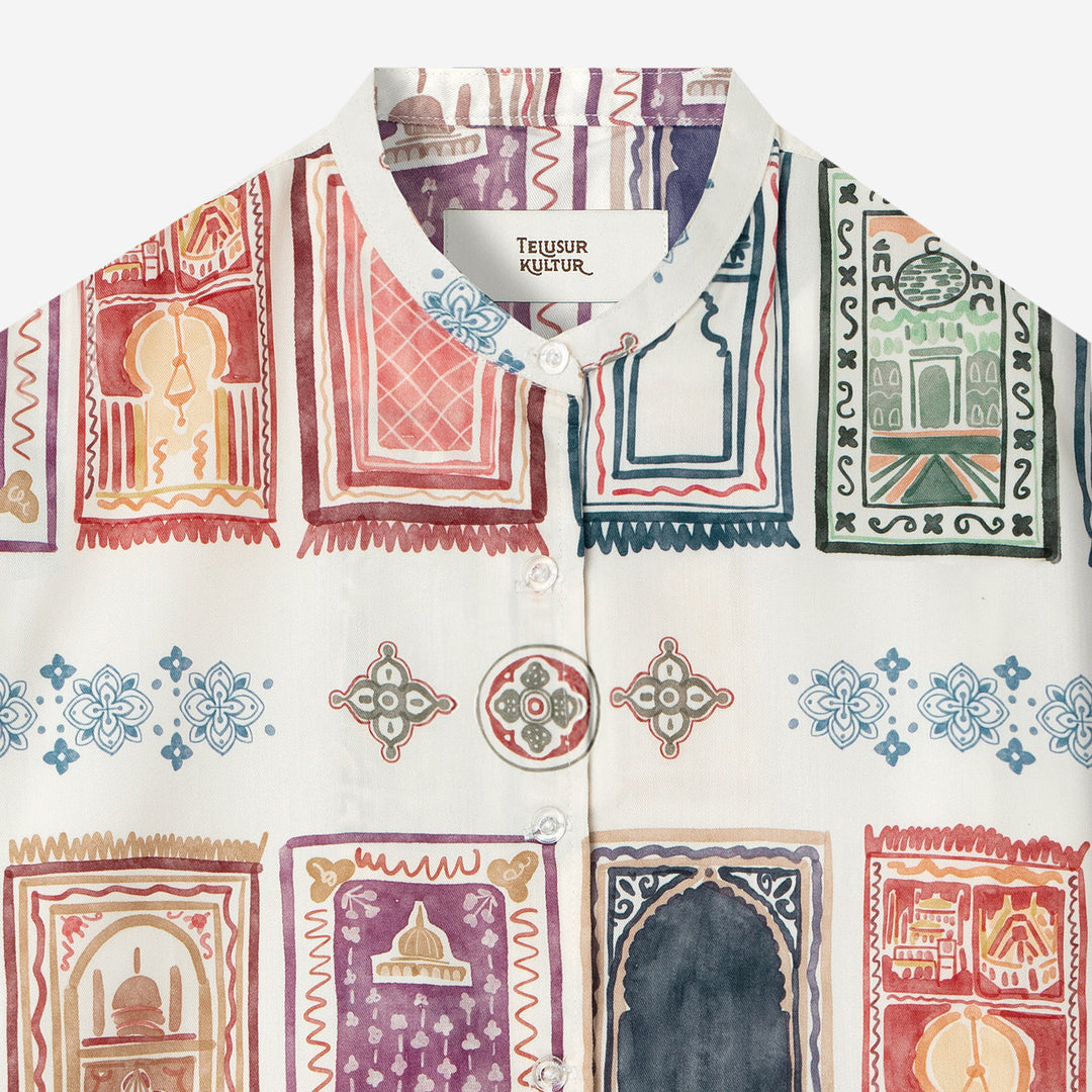 Corak Nusantara Kemeja Wanita Lengan Panjang - Sajadah Putih